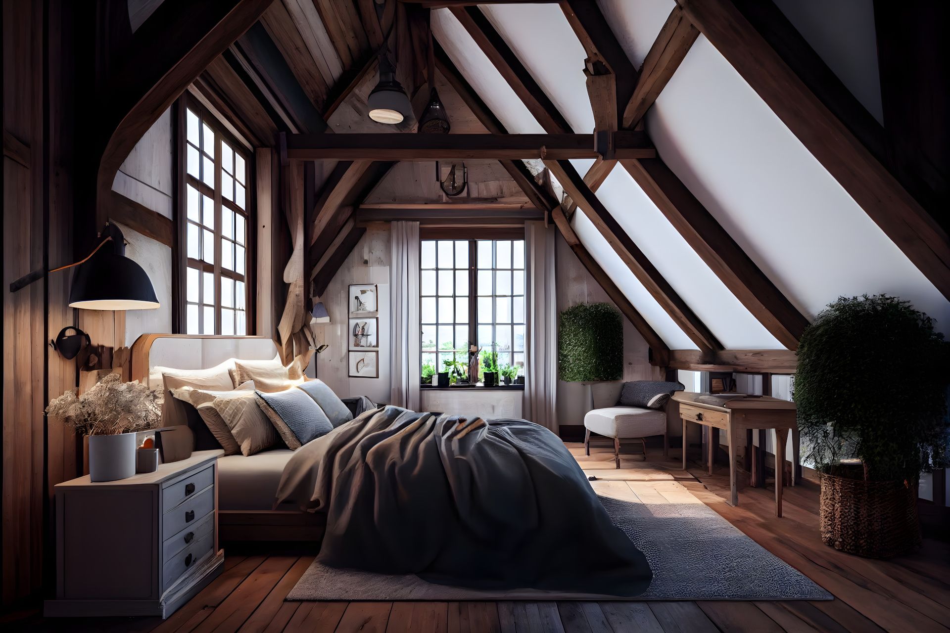 Bedroom with exposed wooden beams
